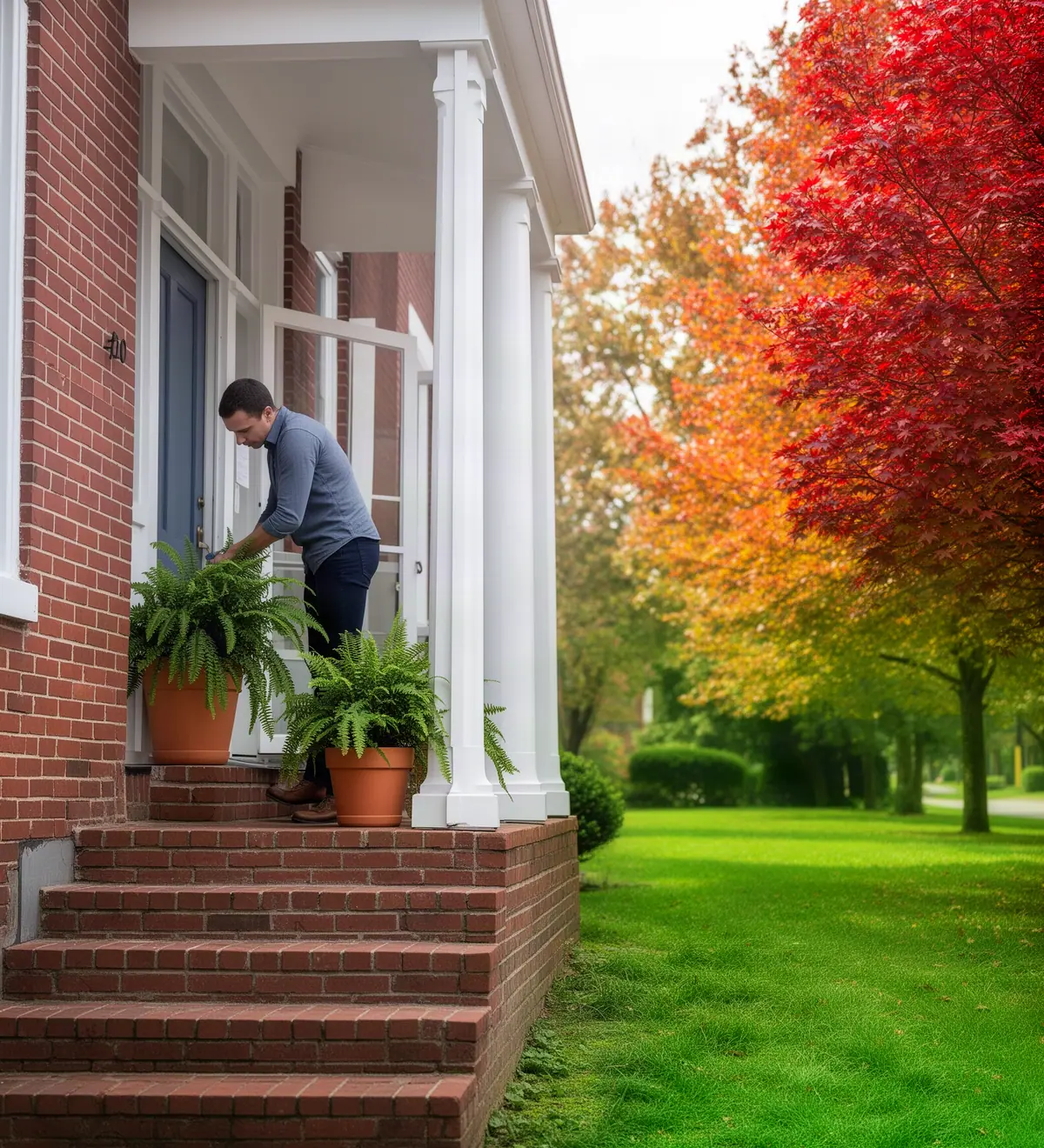 A clinic owner setting potted ferns beside the open front door of a brick-house clinic.